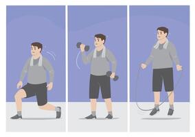 Man Performing Different Exercises Lunges, Dumbbell Curls, and Jumping Rope vector