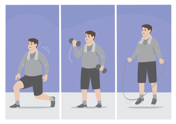 Man Performing Different Exercises Lunges, Dumbbell Curls, and Jumping Rope