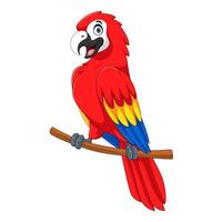 Cartoon macaw bird perched on a branch waving its hand on a white background vector