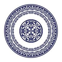 Round Blue frame with large pattern in center. Ornamental elements, motifs of Kazakh, Kyrgyz, Uzbek. Round frame. Turkic ornament. For ceramic, textile, print design, embroidery, sandblaster, laser vector
