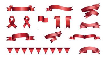 A large set consisting of red award ribbons of various shapes, flag, garlands, loop ribbons. Luxury label, badge premium quality certificate ribbon. Collection of Different Empty Red Ribbon, Label vector