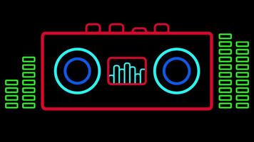 Bright neon boom box animation with a digital equalizer effect, ideal for music videos, retro visualizations, or party themes video