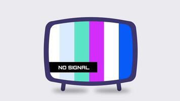 Animated retro television with vertical colored bars and 'NO SIGNAL' text on screen, mimicking vintage broadcast signal issues video