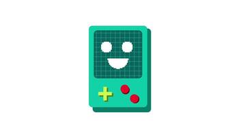 A green smiling retro handheld bot appears solo against white, reminiscent of vintage gaming aesthetics and character selection screens video