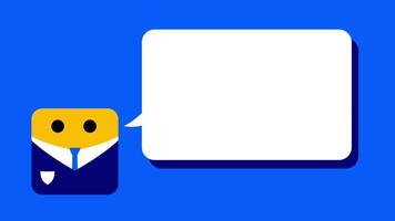 A yellow robot presents a speech bubble on a blue background, indicating communication, dialogue, or digital interaction sequence video
