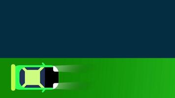 A sleek green car speeds to the right across a road, captured in a top-down view for use in racing game animations or screen transitions video