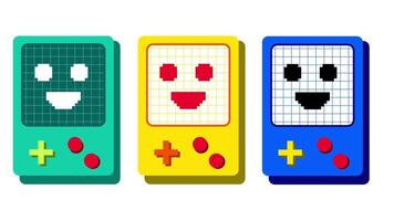 Three colored handheld game bots stand side by side, ready for a selection phase or cooperative play introduction screen video