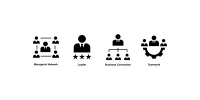 Four black and white icons symbolizing teamwork, leadership, business connection, and managerial network. Ideal for presentations, infographics, and businessrelated designs. vector
