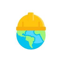 Yellow hard hat on globe for construction, global corporation, or safety concepts. Joining forces for worldwide projects and infrastructure development. vector