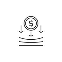 Decrease money icon with falling dollar coin above 3 lines, arrows, and a downward trend graph suitable for financial crisis concepts. vector