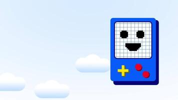 A blue game bot floats in a light sky among clouds, representing peaceful start menus or idle animations in casual games video