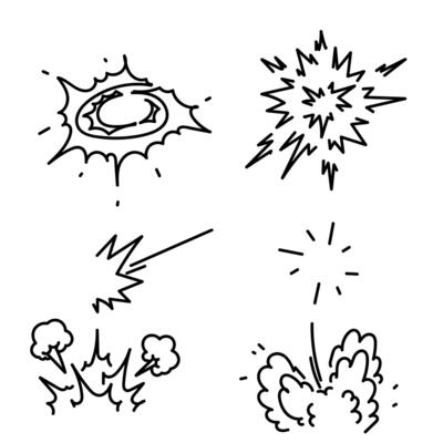 a set of four black and white drawings of explosions