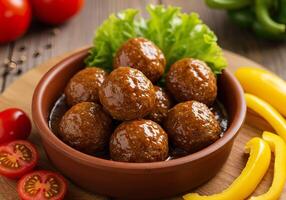 A bowl of meatballs with peppers and tomatoes photo
