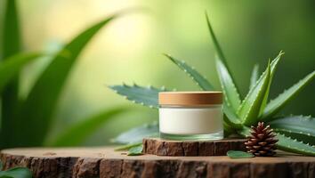Natural Skincare Cream Jar with Aloe Vera on Wooden Surface in Green Background photo