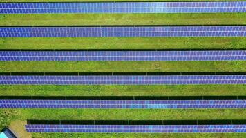 Solar power station in summer. Flight over rows of long solar batteries on green field. Production of clean energy. Top view. video