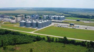 Modern agro-processing factory. Grain elevators on green field. Large territory with metal seed silos in the countryside in sunny summer day. Aerial view. video