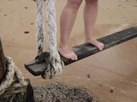 Engaging in the activity of balancing on a wooden beam positioned by the beautiful shoreline photo