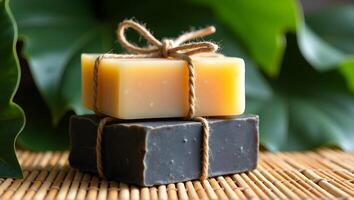 Stacked Handmade Artisan Soap Bars Tied with String on Bamboo Mat with Green Leaf Background photo