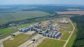 Large industrial territory among beautiful nature. Modern industry for keeping and processing crop. Agricultural complex with grain elevators on field in summer. Aerial view. video