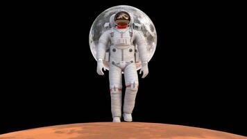 astronaut i space gående på fördärvar yta med måne planet video