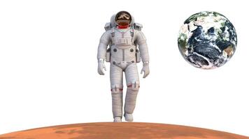 astronaut i space gående på fördärvar yta med jord planet video