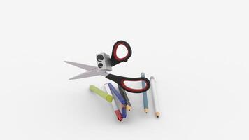 pen and pencil sharpener or scissors fall on white background video