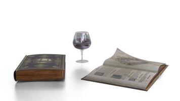 wine glass and books on white background video