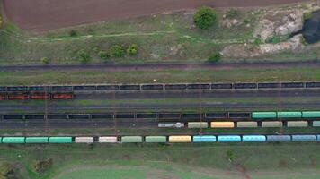 Aerial drone view of two locomotives going towards each other video