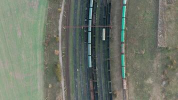 An aerial drone view of railway carriages at the station video