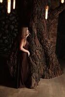 An Ethereal Figure Draped in Earthy Textures Situated within a Captivating Mystical Setting photo