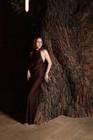 A Woman Posing Elegantly on a Tree Trunk in a Creative and Artistic Fashion Shoot Setting photo