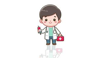 a smiling cartoon doctor holding a syringe and a first aid kit, loop animation video