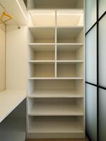A Beautiful Modern Minimalist Shelving Unit Displayed in an Open and Bright Room Space photo