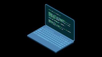 Isometric laptop animation. 3d isometric laptop computer. Abstract programming language and program code on a laptop screen. Transparent background with alpha channel. video