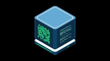 Isometric futuristic server animation. Isometric database or data center. Abstract blockchain. Computer storage. Cloud storage. Transparent background with alpha channel, video