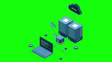 Isometric computer technology animation. Computation of big data center. Cloud computing. Online devices upload and download information. 4K animated in isometric style, video