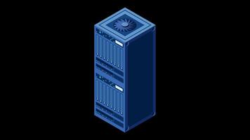 Isometric server animation. Network server room. 3D computer equipment. Storage database. Isometric technology. Transparent background with alpha channel, video