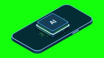 Isometric smartphone with AI animation. Artificial intelligence and smartphone concept. Smartphone with futuristic artificial intelligence processor. 4K animated in isometric style. video