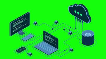 Cloud technology computing animation. Modern cloud technology. Data center isometric concept. Isometric cloud technology with datacenter. Web hosting concept. 4K animated in isometric style, video