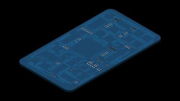 Isometric electronic board animation with USA flag. Isometric printed circuit board with electronic components. Electronic components and integrated circuit board. Transparent video