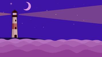 lighthouse at hill of beach cartoon animation backgrounds . minimalist building at nature landscape with wave cloud and light animated motion graphic illustration design video