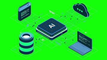 Isometric artificial intelligence chip animation. Artificial Intelligence server. Futuristic microchip processor. Isometric cloud computing. 4K animated in isometric style, video