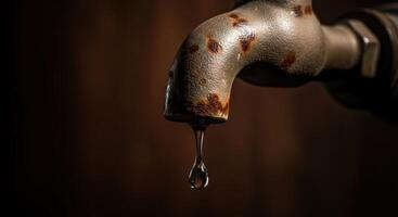 Close-up of a Rusty Tap with a Dripping Water Drop photo