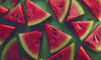 Watermelon triangle slices flat lay, vibrant texture on green background, copy space photo