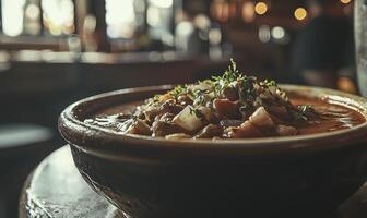 Meat ragout with vegetables and herbs served in rustic ceramic bowl, copy space photo