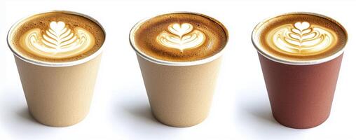 Takeaway coffee cups with latte art isolated on white background with clipping path photo