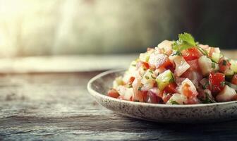 Ceviche with fresh fish served on plate in rustic setting photo