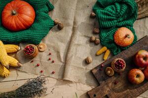 autumn harvest, pumpkin, nuts, apples, corn, red berries, lavender photo