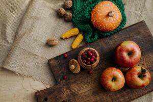 autumn harvest, orange pumpkin, nuts, corn, red berries and apples lie on the tablecloth photo
