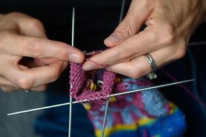 Close-Up of Knitted Sock in Progress with Intricate Design photo